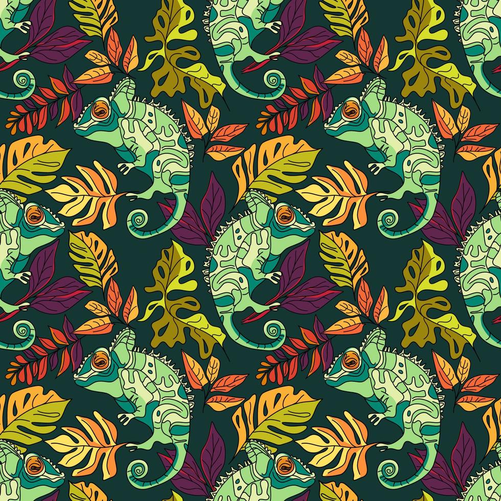 Seamless floral pattern with chameleons and tropical leaves vector