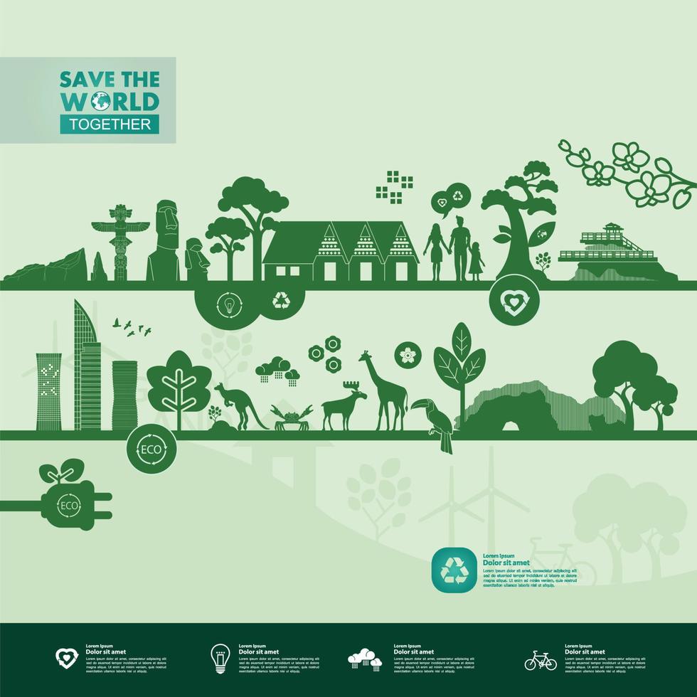 Save the world together green ecology vector illustration.