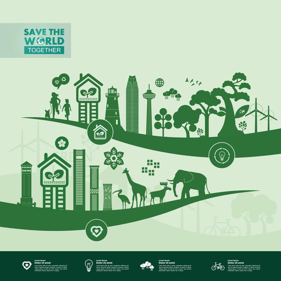 Save the world together green ecology vector illustration.