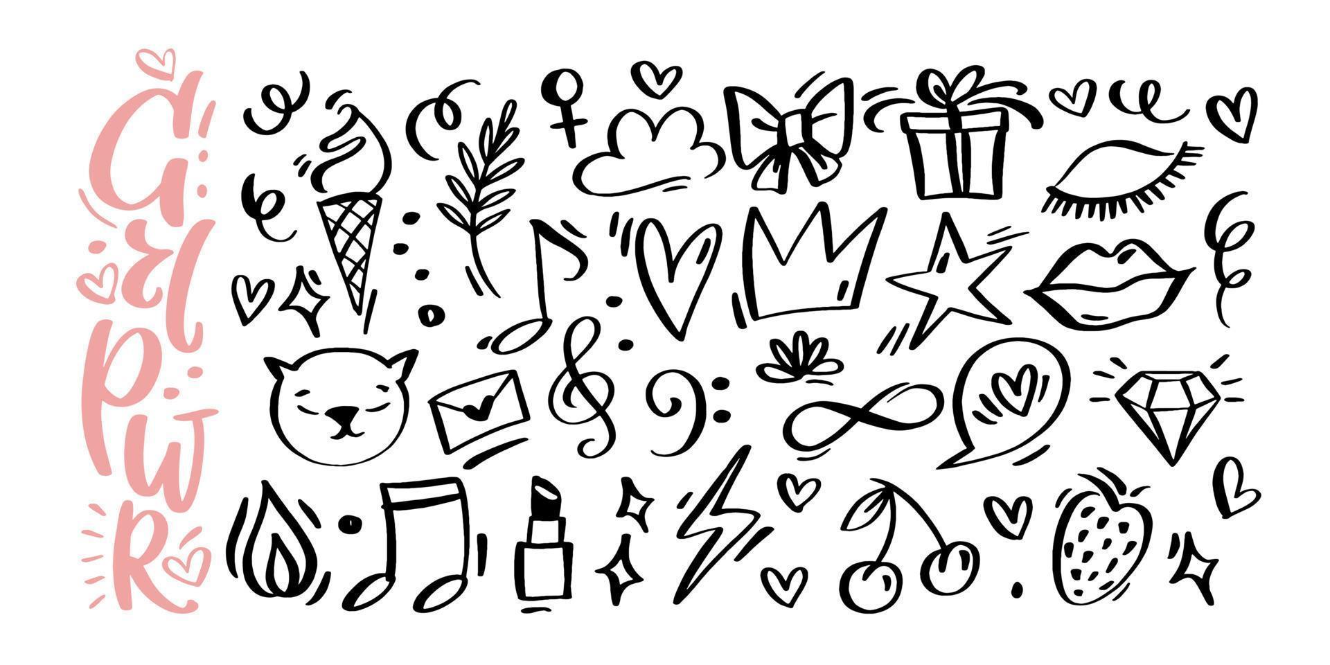 Girl Power linear hand drawn set. One color minimalistic drawn objects such as crown, lips, ice cream, letter, hearts, speech bubble, flame, flash, lashes, musical notes, berries, swirls and diamond. vector