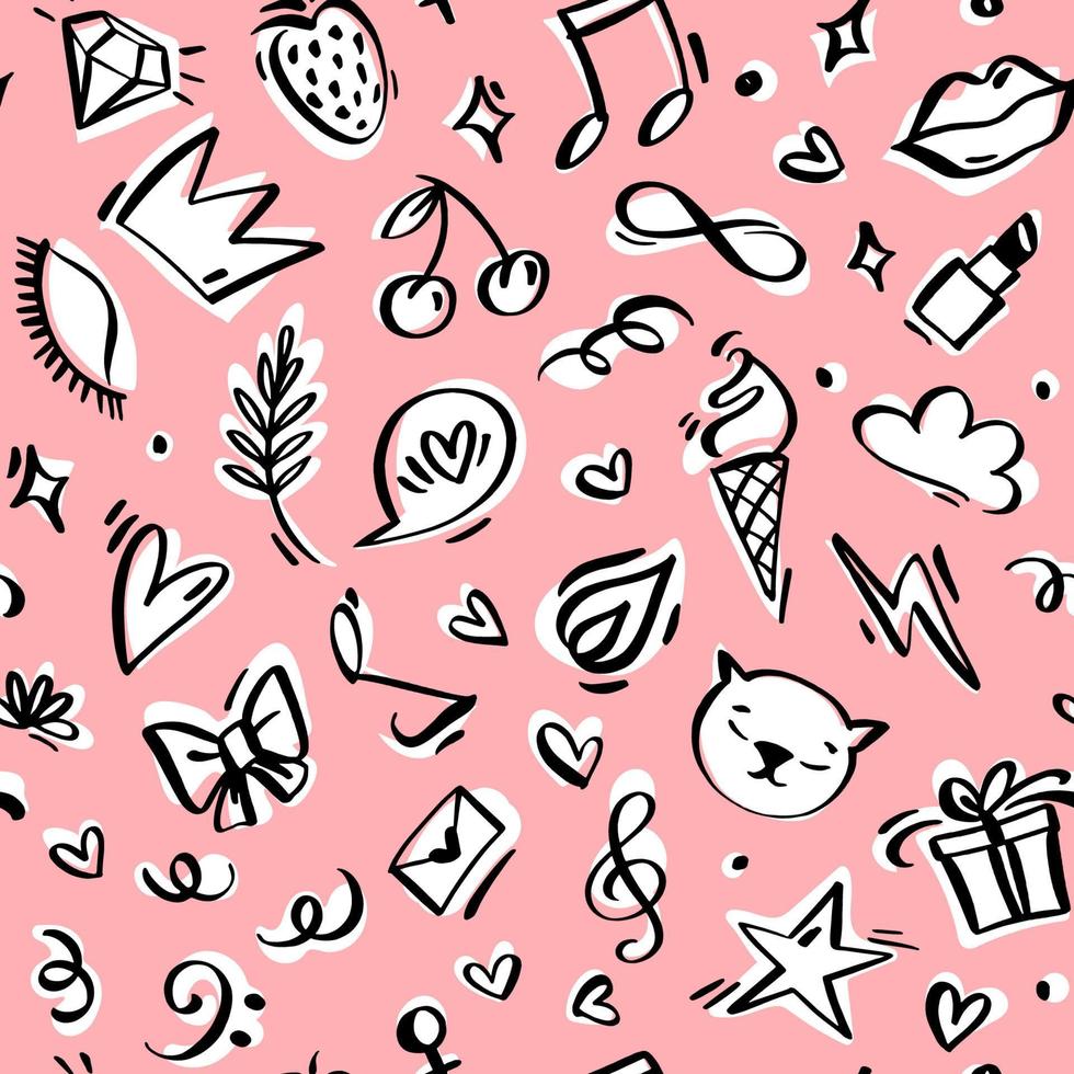 Girl Power linear hand drawn vector seamless pattern. Repeatable background with objects such as crown, lips, ice cream, letter, hearts, speech bubble, flame, flash, lashes, musical notes.