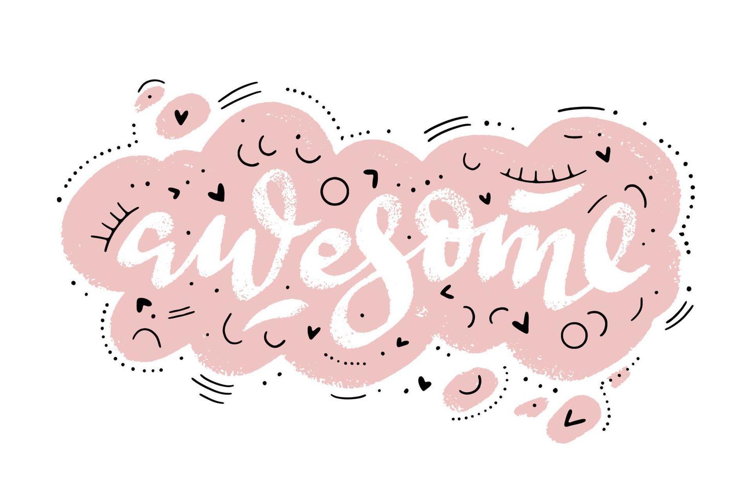 Awesome word speech bubble icon with thin linear elements around. Hand drawn lettering design for stickers, banners, cards. vector