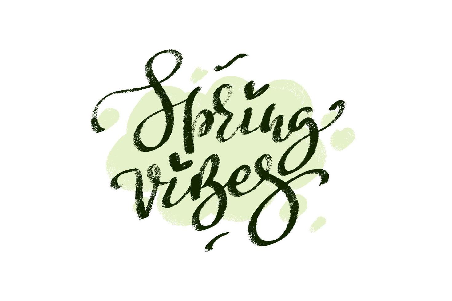 Spring vibes texture hand lettering on light green speech bubble. Seasonal template hand drawn style. Vector design for stickers, social media, banners, ads.