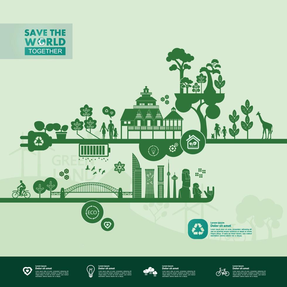 Save the world together green ecology vector illustration.