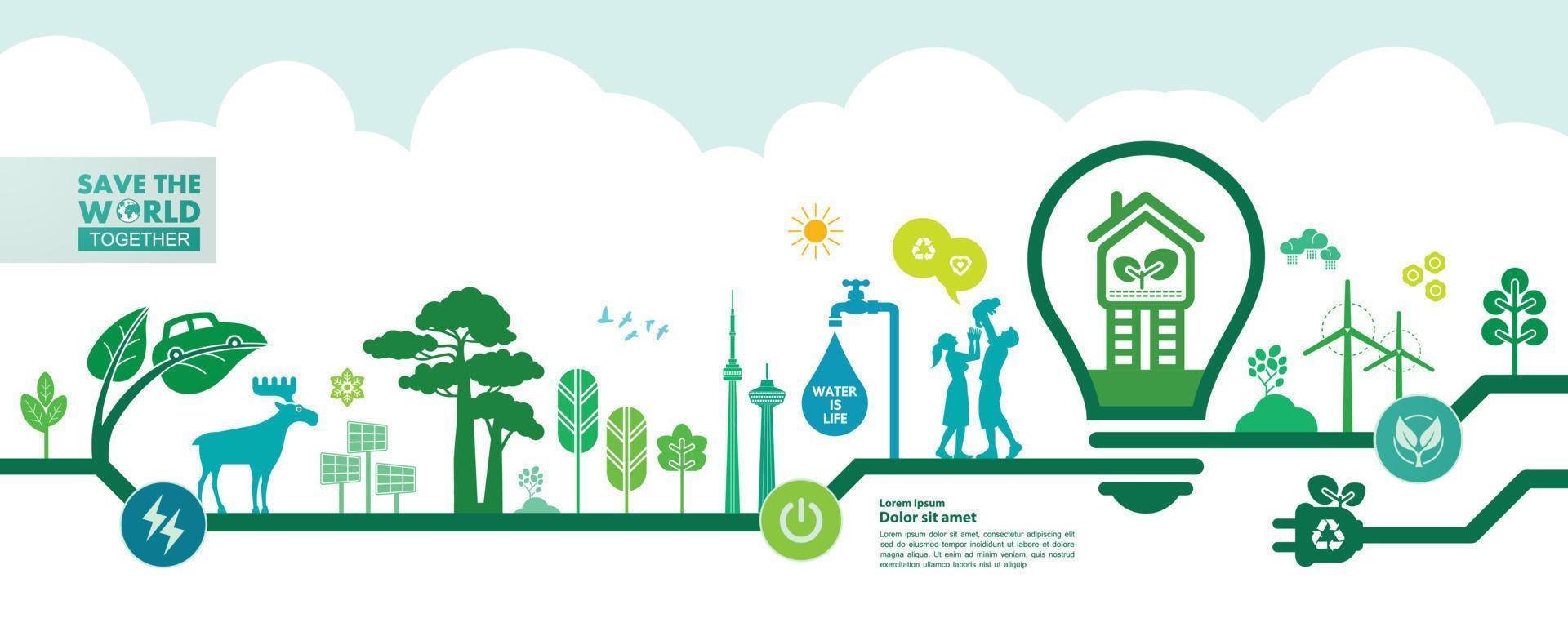 Save the world together green ecology vector illustration.