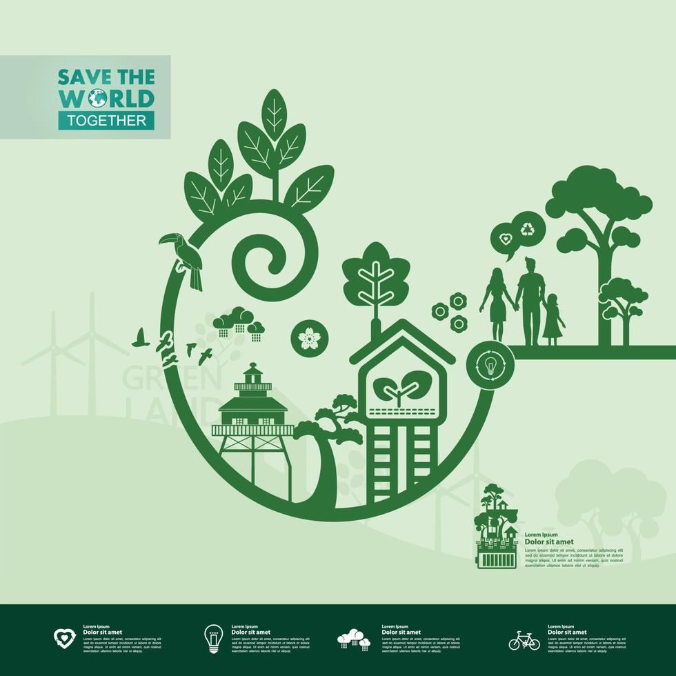 Save the world together green ecology vector illustration.