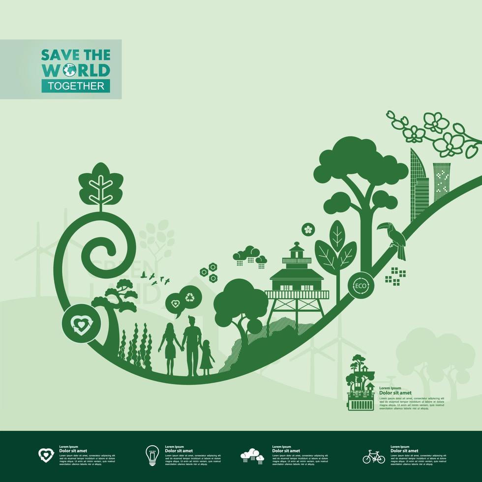 Save the world together green ecology vector illustration.