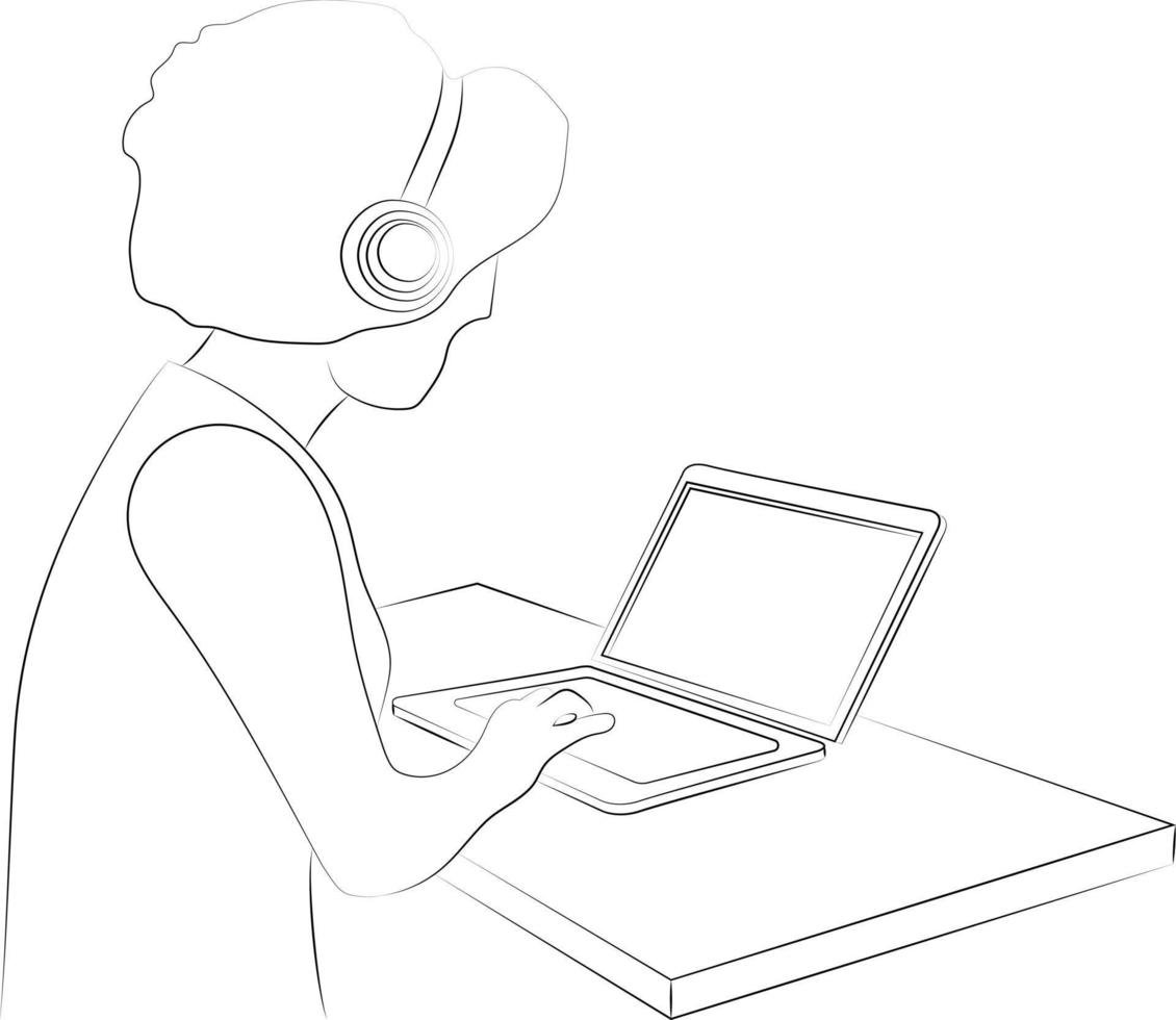 Hand Drawn Line Drawing Illustration of a Young Woman Wearing Music Headphones while using a Laptop. Online Working, Online Studies or Work from Home Symbol vector
