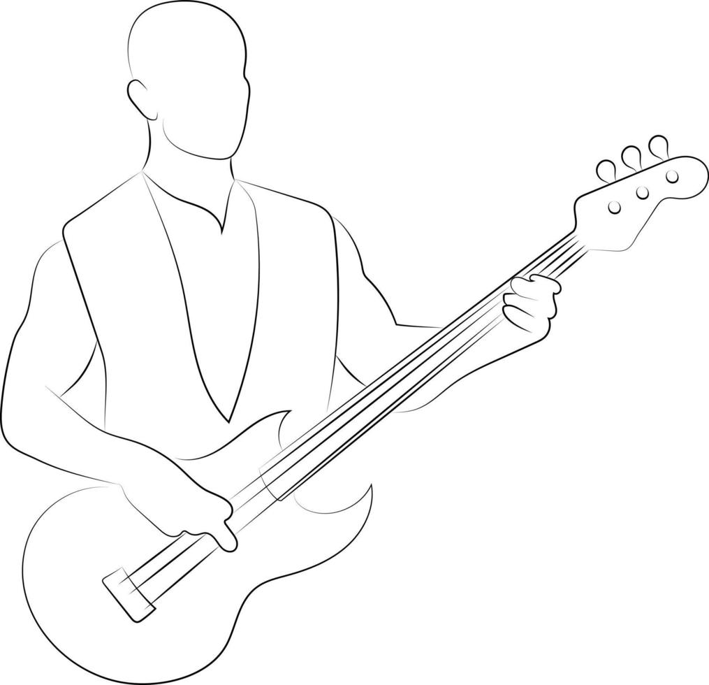 Hand Drawn Line Drawing of a Man Playing Guitar, Guitarist Music