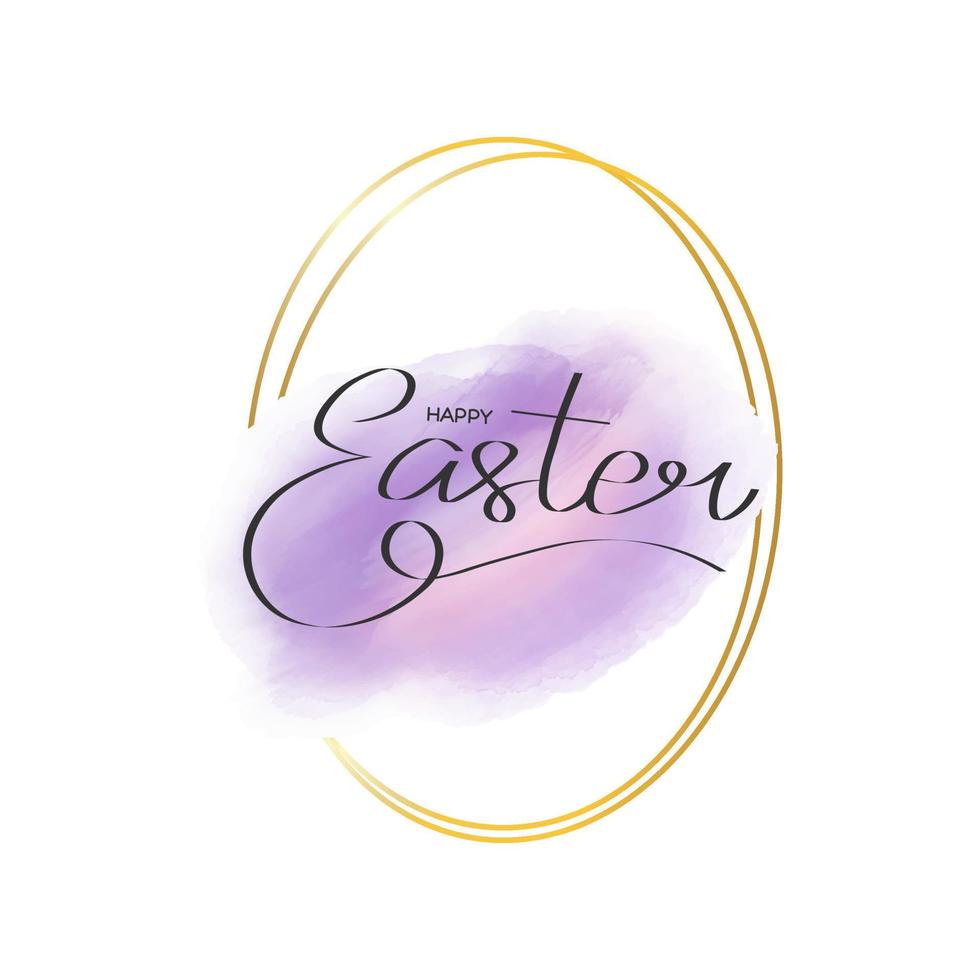 Happy Easter lettering. Blue brush strokes in round gold frame. Design template for banner, card, cover, web, flyer, poster vector