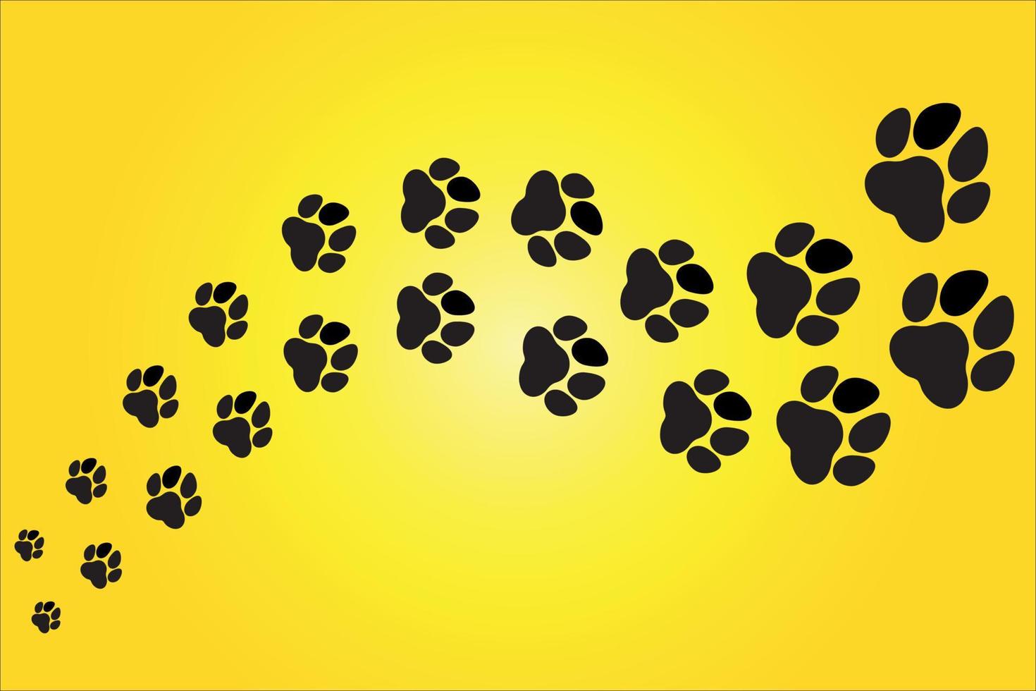 Trace and path of animal footprints, dogs and cats walking away, yellow background vector