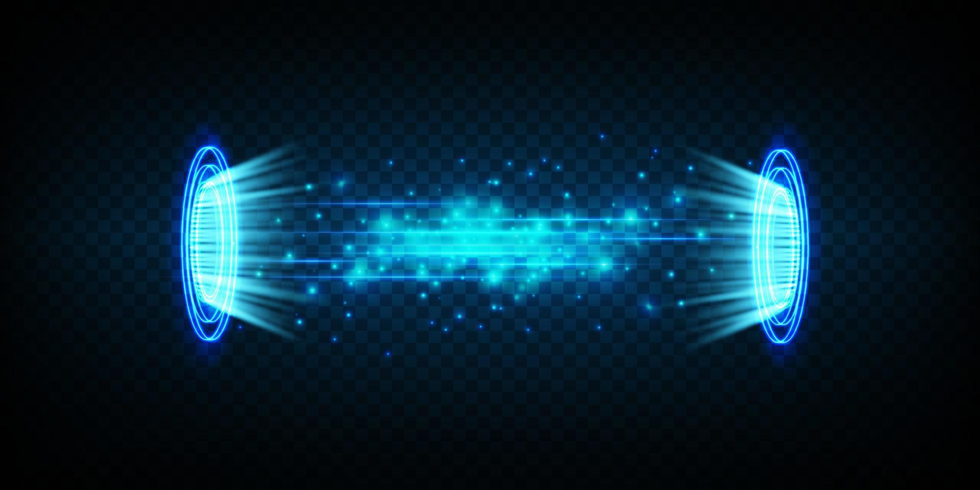 Magic portals on the night scene. Blue round holograms with rays of light and sparkles. Glowing futuristic teleport tunnel with copy space vector