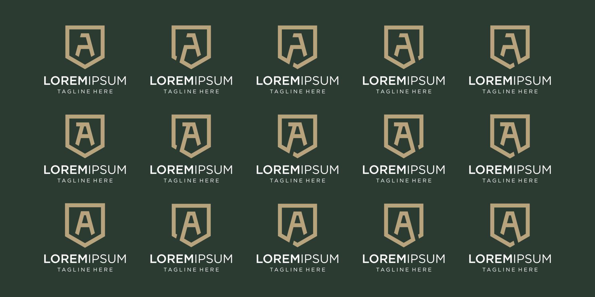set of letter A monogram and shield sign combination. Line art logo design. vector
