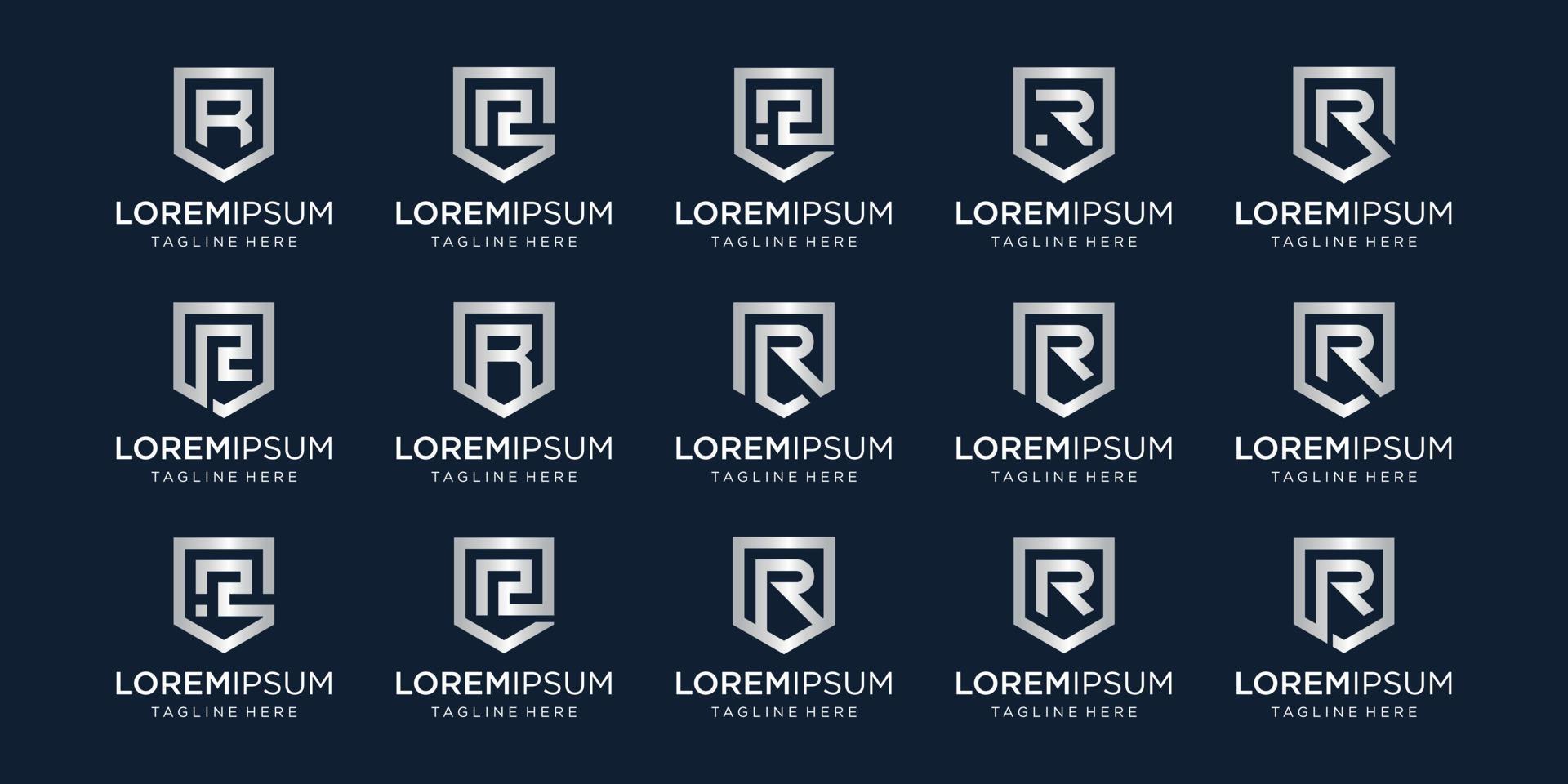 set of letter R monogram and shield sign combination. Line art logo design. Symbolizes reliability, safety, power, security.  luxury logotype. vector