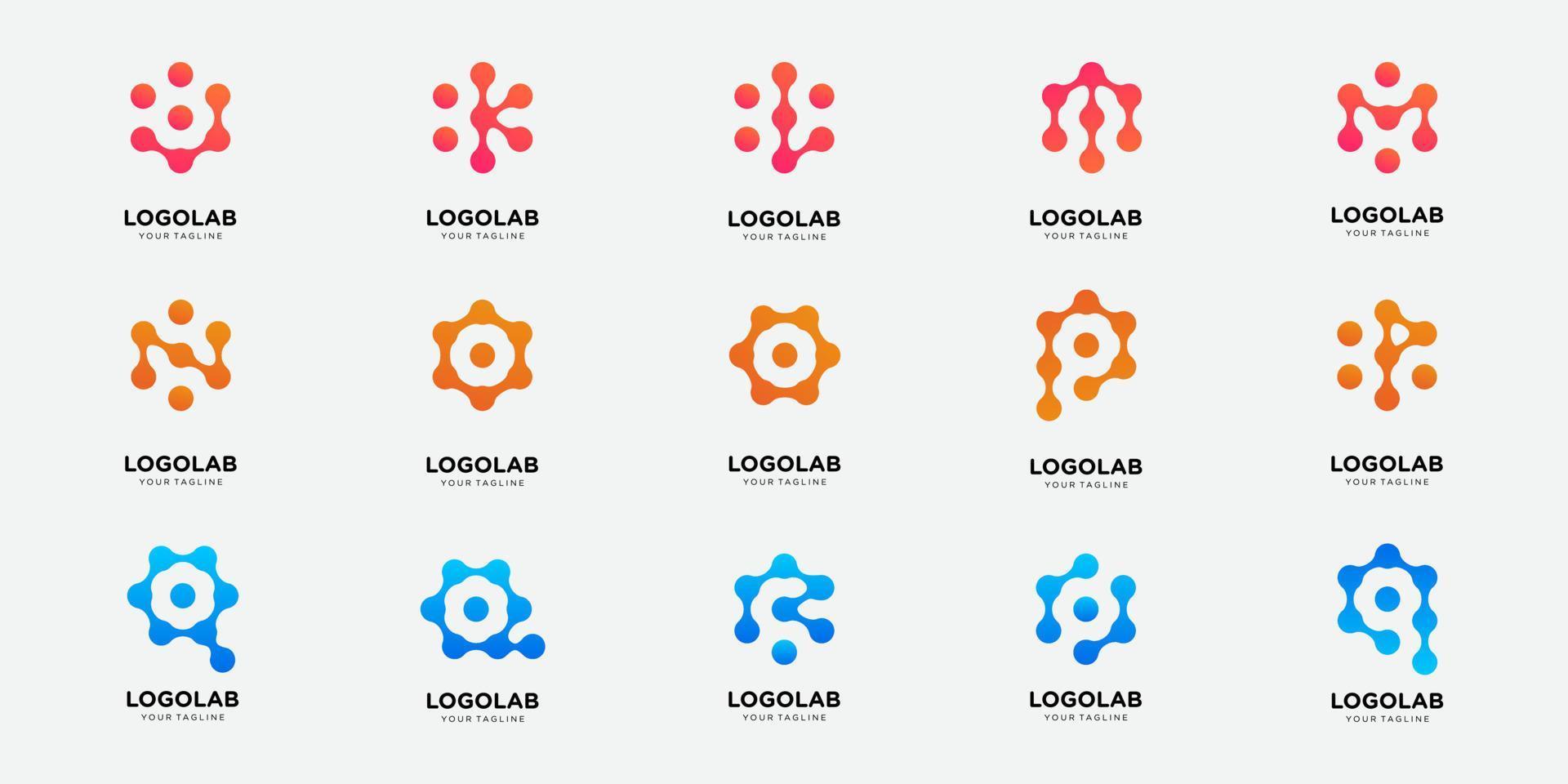 bundle collection letter ABC with dot and molecule concept logo template. vector