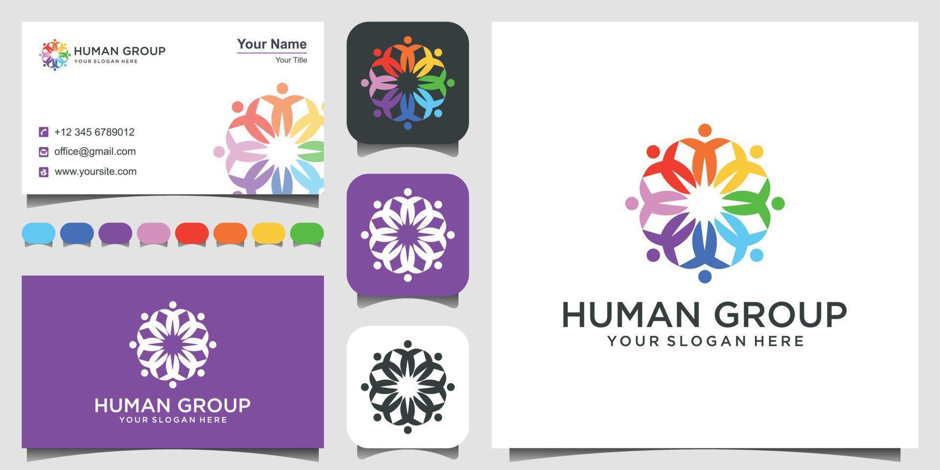 Colorful design of people symbols working as team and cooperating. This vector logo template can represent unity and solidarity in group or team of people. 3 favicons and business card Premium Vector.