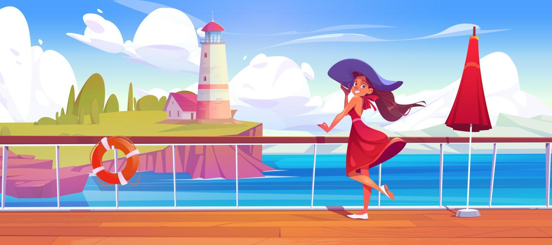 Cartoon vector sea landscape with girl on coast