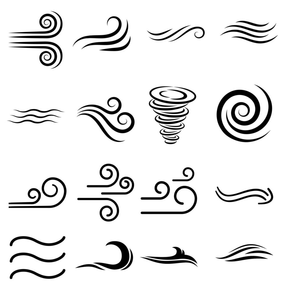 viento firmar negro Delgado línea icono conjunto incluir de tormenta, ola, fluido y remolino. vector ilustración de íconos