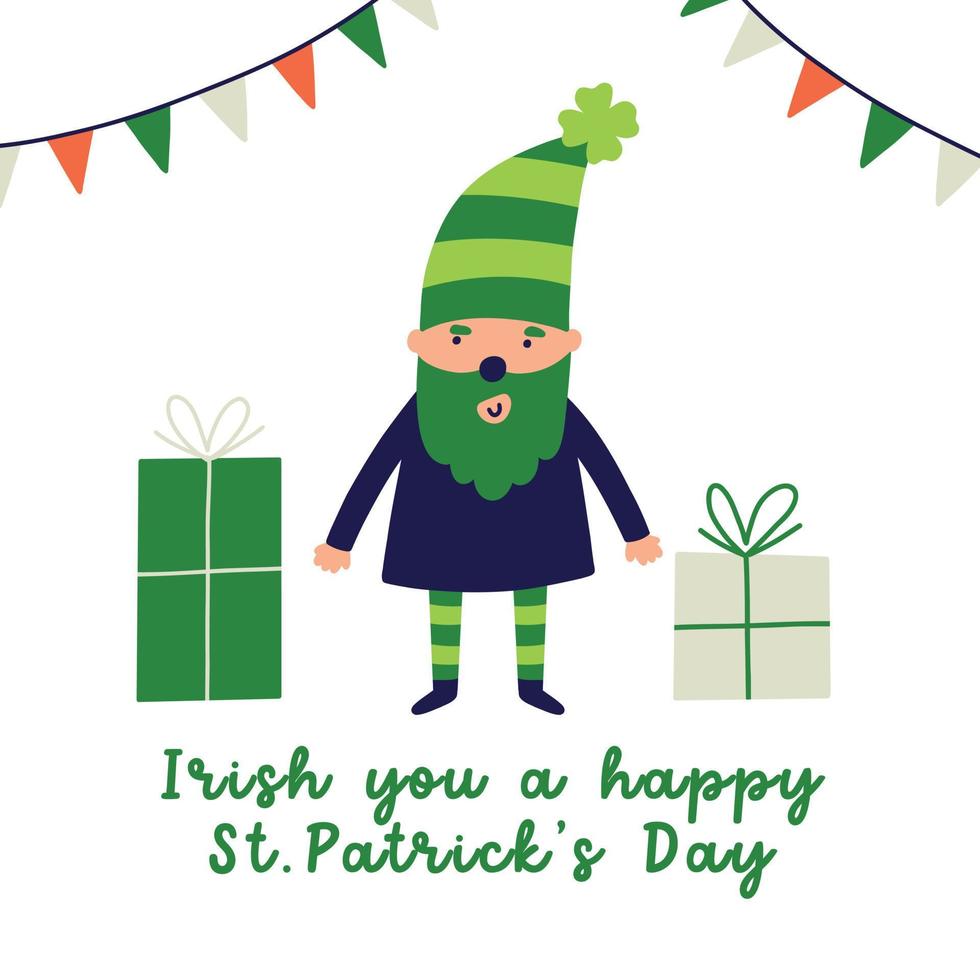 Saint Patrick's Day vector illustration concept leprechaun with gift and typography
