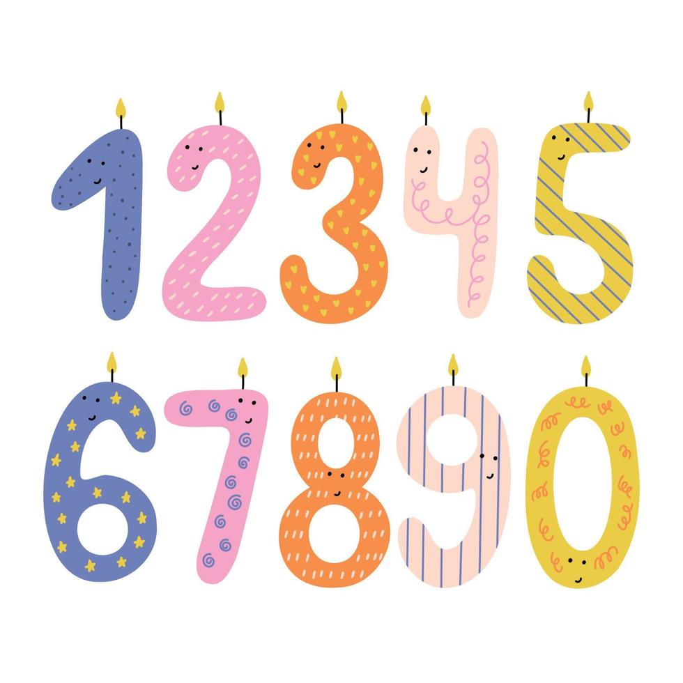 conjunto vistoso cumpleaños número personaje con velas vector