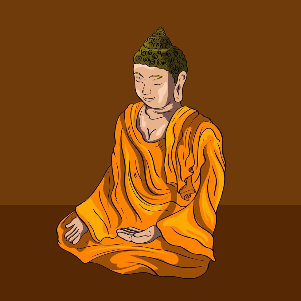 Gautama Buddha line decorative drawing. Sitting or meditating buddha statue Digital art collage combined Gold Color vector