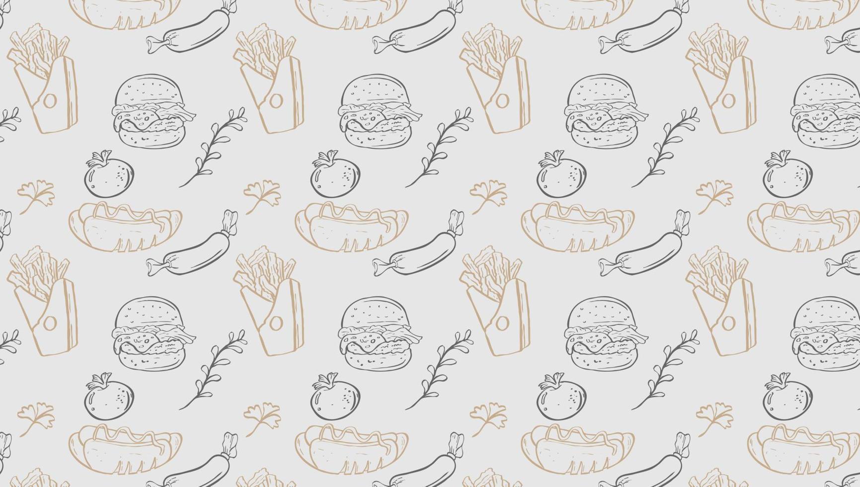 Fast Food Related Seamless Pattern and Background with Line Icons. Editable Stroke Junk Food Related Seamless Pattern and Background vector