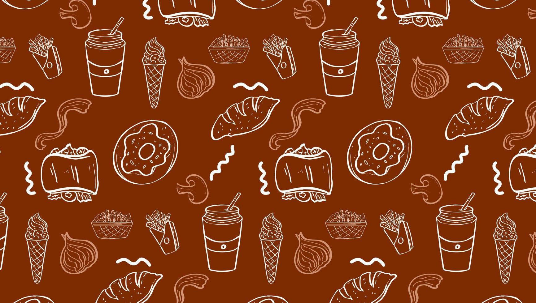 Background Junk Food Related Seamless Pattern and Background . Editable Stroke Fast Food Line Art of hamburger, pizza, hot dog, beverage, cheeseburger. Restaurant menu background vector