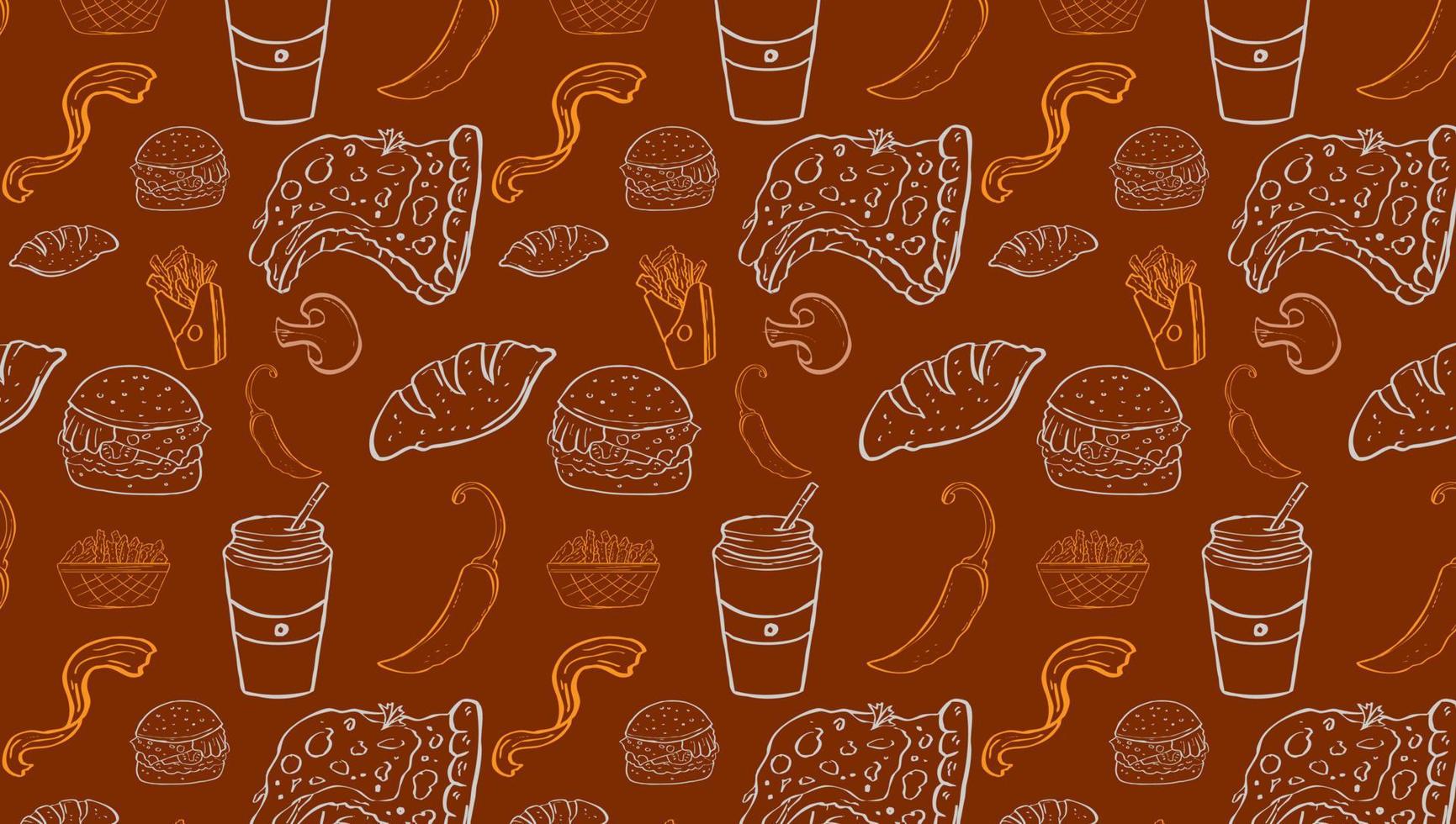Background Junk Food Related Seamless Pattern and Background . Editable Stroke Fast Food Line Art of hamburger, pizza, hot dog, beverage, cheeseburger. Restaurant menu background vector