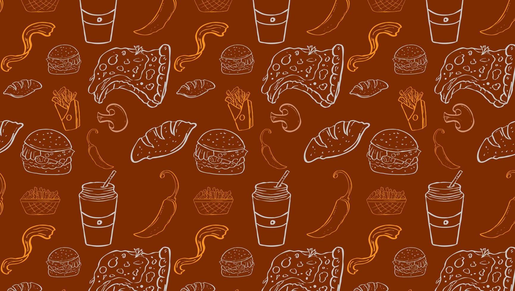 Background Junk Food Related Seamless Pattern and Background . Editable Stroke Fast Food Line Art of hamburger, pizza, hot dog, beverage, cheeseburger. Restaurant menu background vector