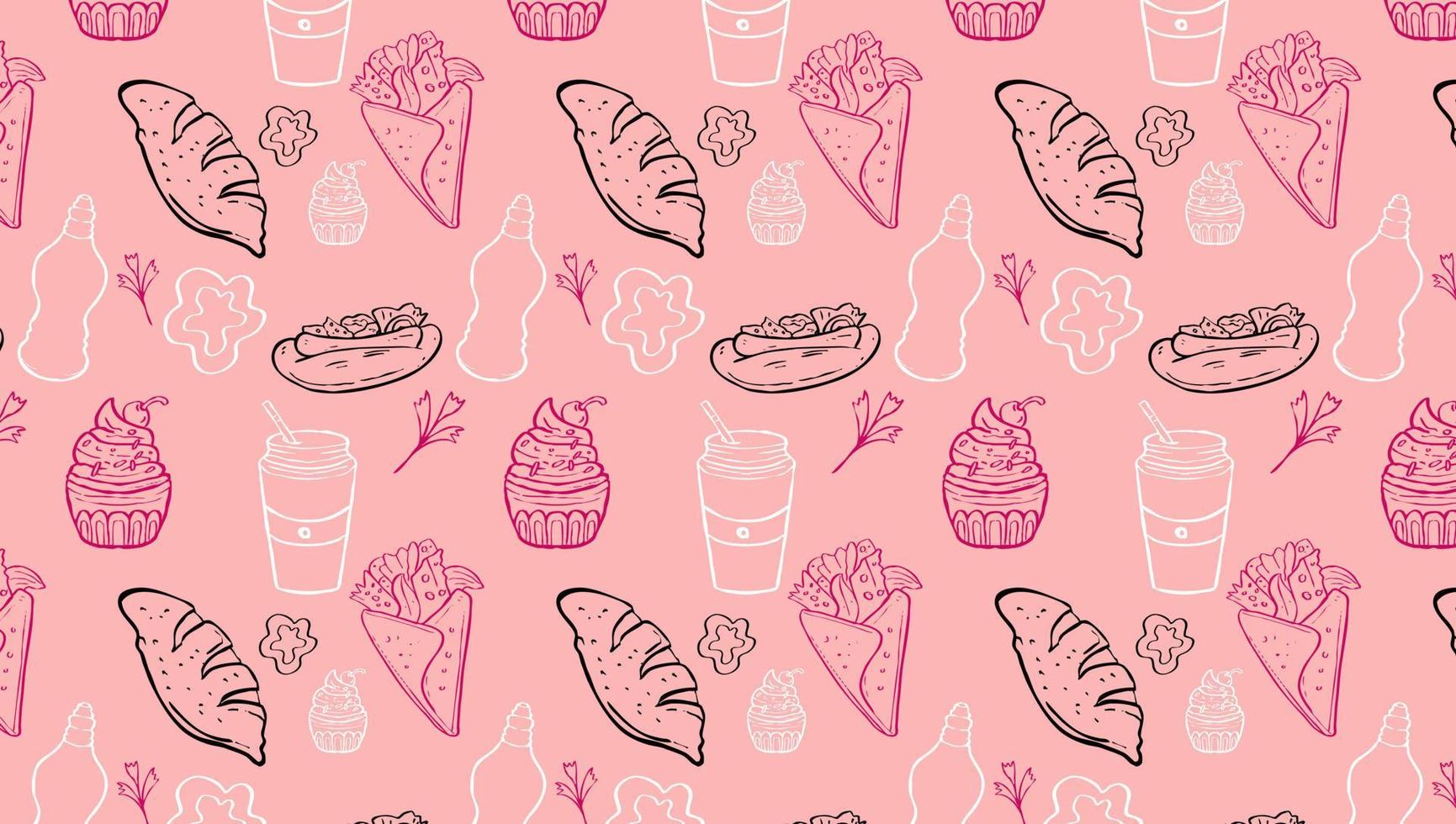Background Junk Food Related Seamless Pattern and Background . Editable Stroke Fast Food Line Art of hamburger, pizza, hot dog, beverage, cheeseburger. Restaurant menu background vector