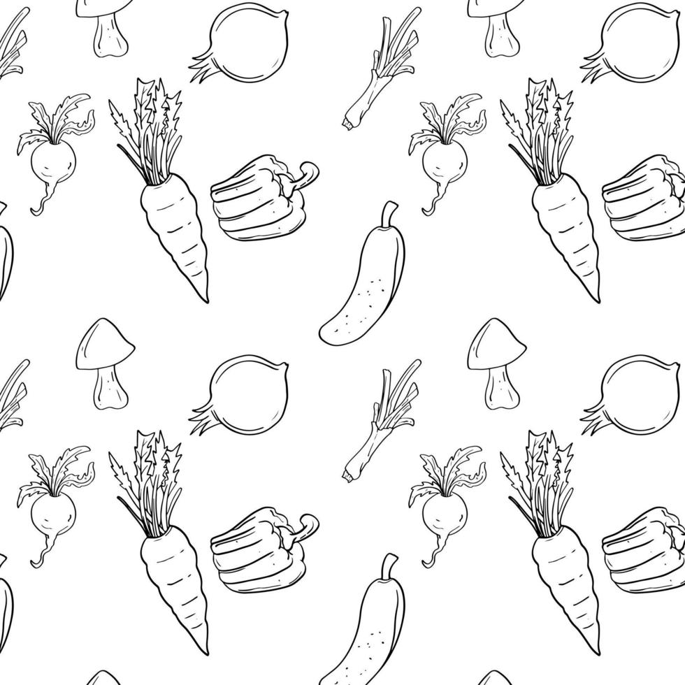 Black outline Seamless vegetable isolated in white background Vector Pattern Bright color Pattern suitable for posters, postcards, fabric or wrapping paper