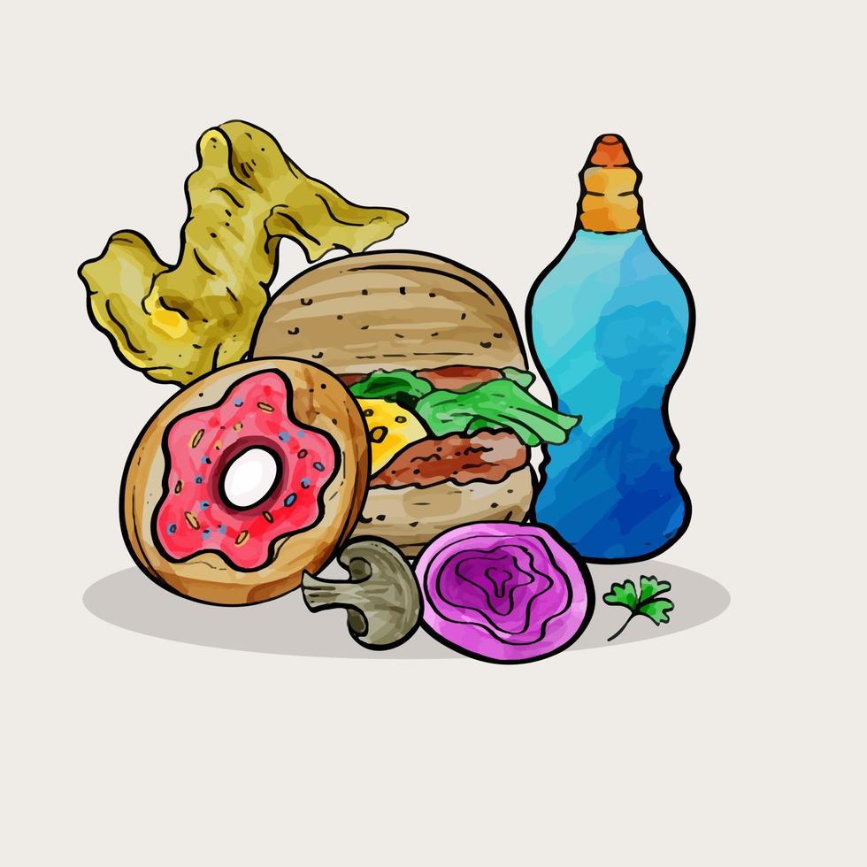 fast food doodle in watercolor painting style vector illustration. Flat lay Junk Food watercolor objects isolated on white background.
