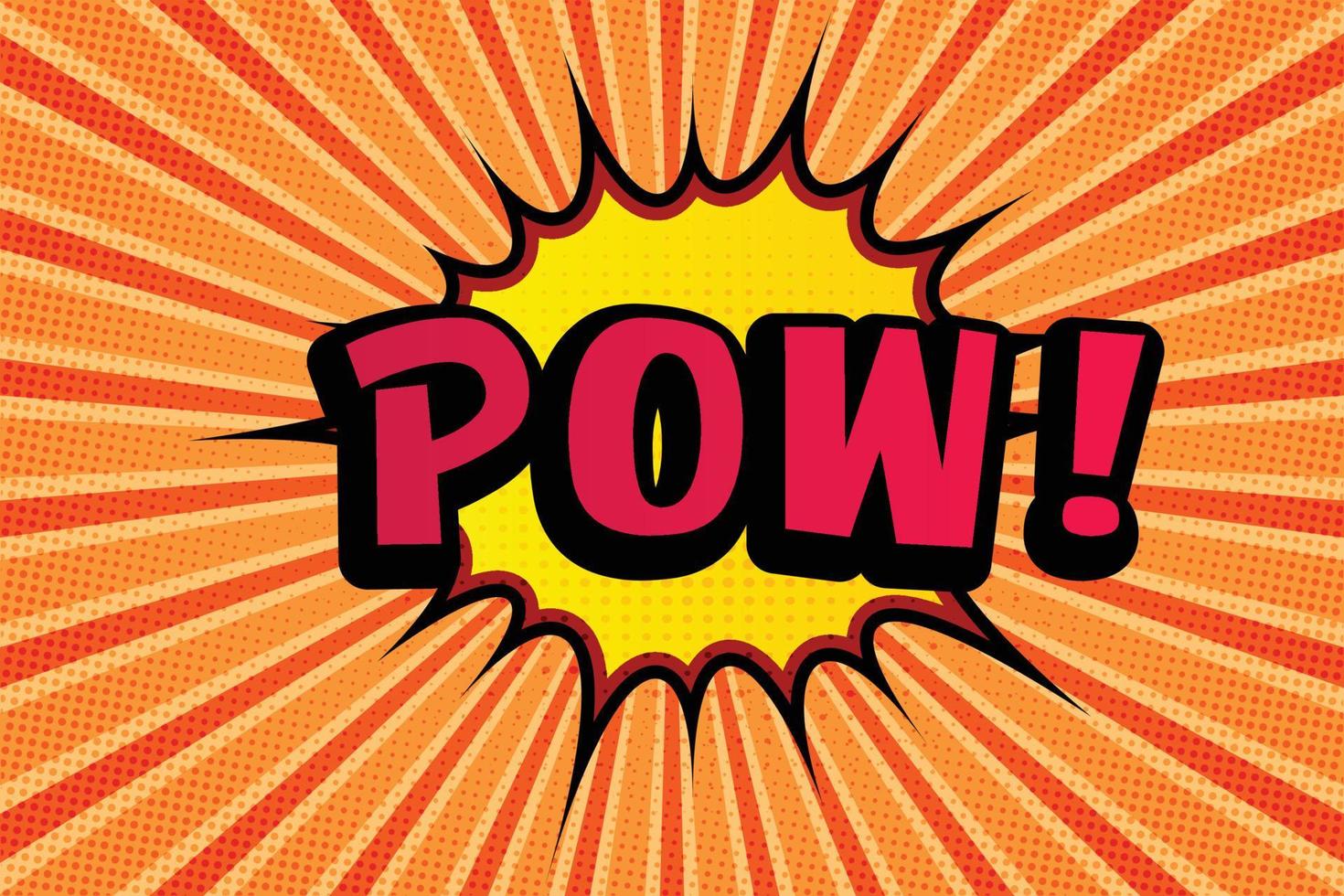 Pow comic retro vector art on orange sunburst background