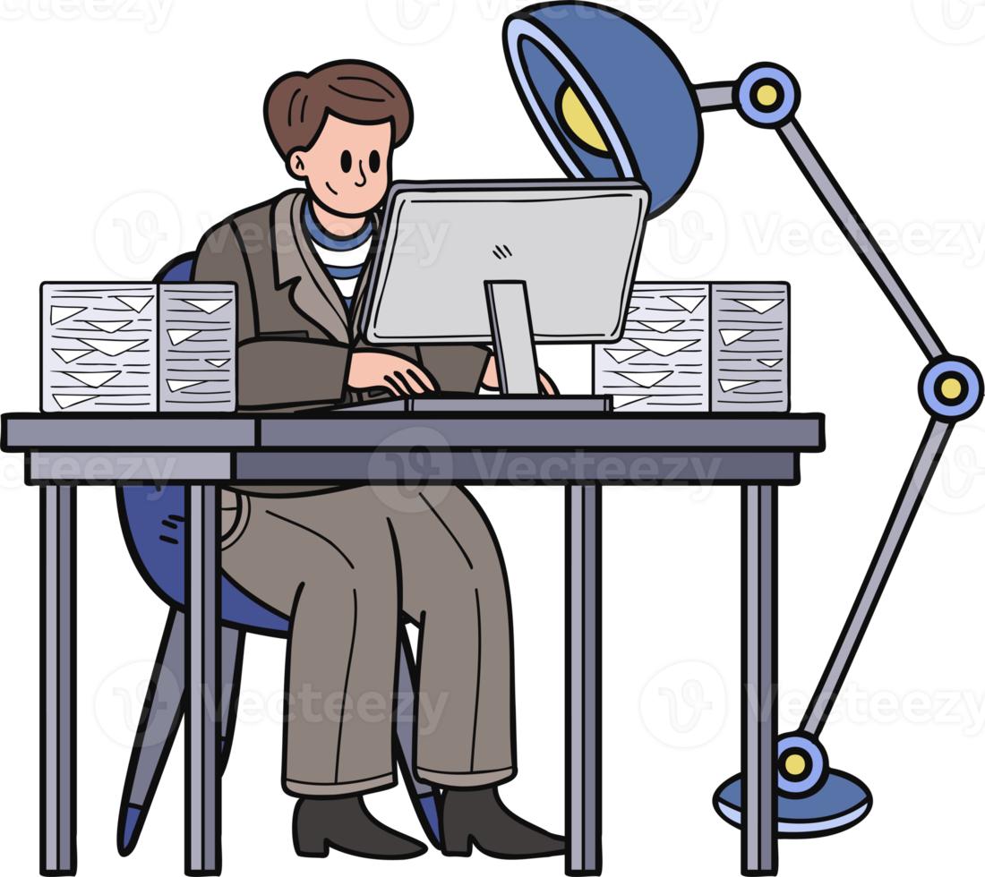 business man sitting and working at computer illustration in doodle style png