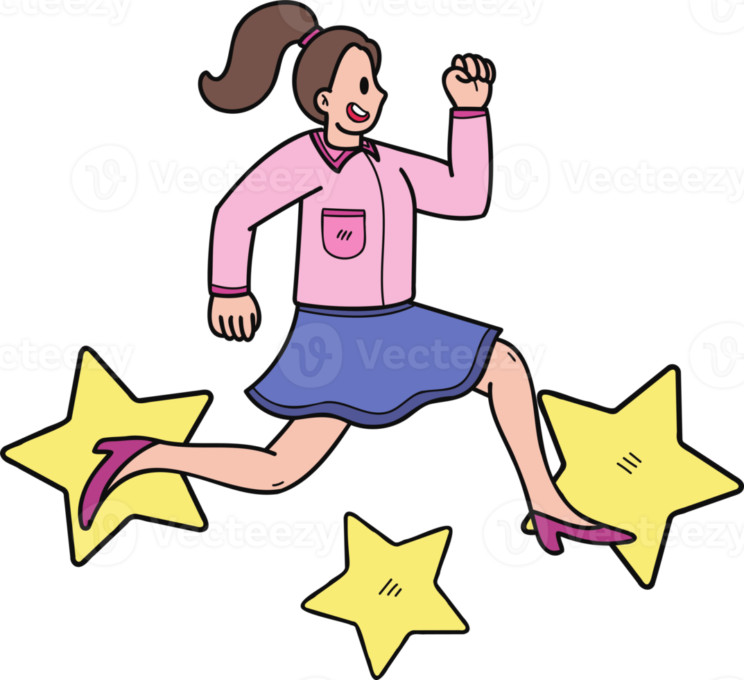 Businesswoman jumping with stars illustration in doodle style png