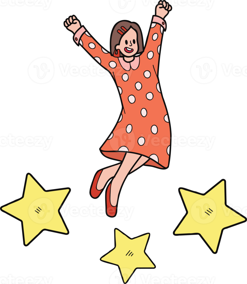 Businesswoman jumping with stars illustration in doodle style png