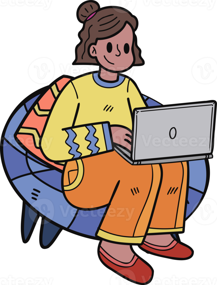 tiener- bedrijf vrouw zittend Bij werk met laptop illustratie in tekening stijl png