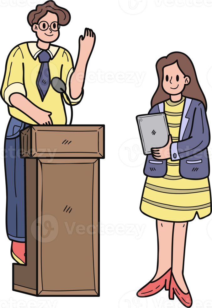 Business team presenting on the podium illustration in doodle style png