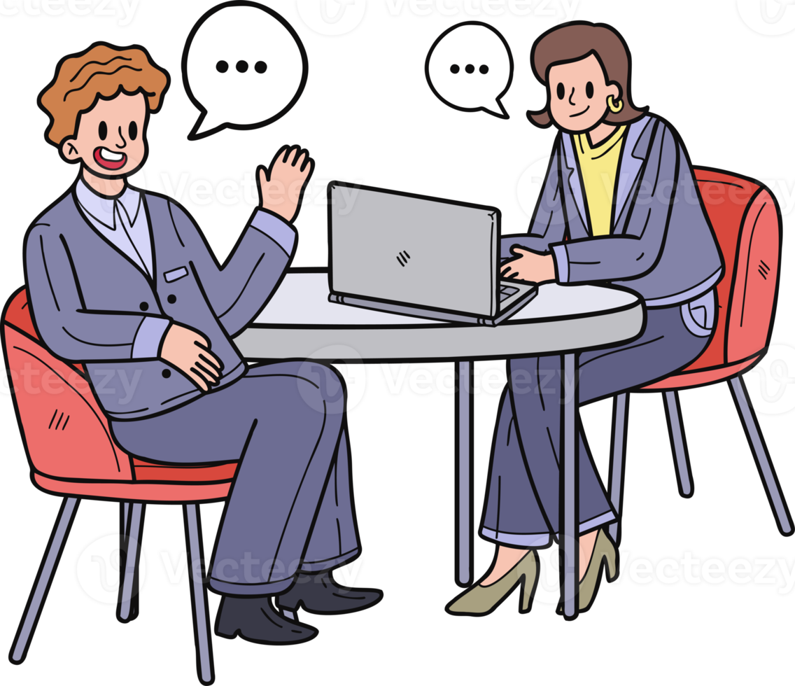 Businesswoman sitting and discussing work on the desk illustration in doodle style png