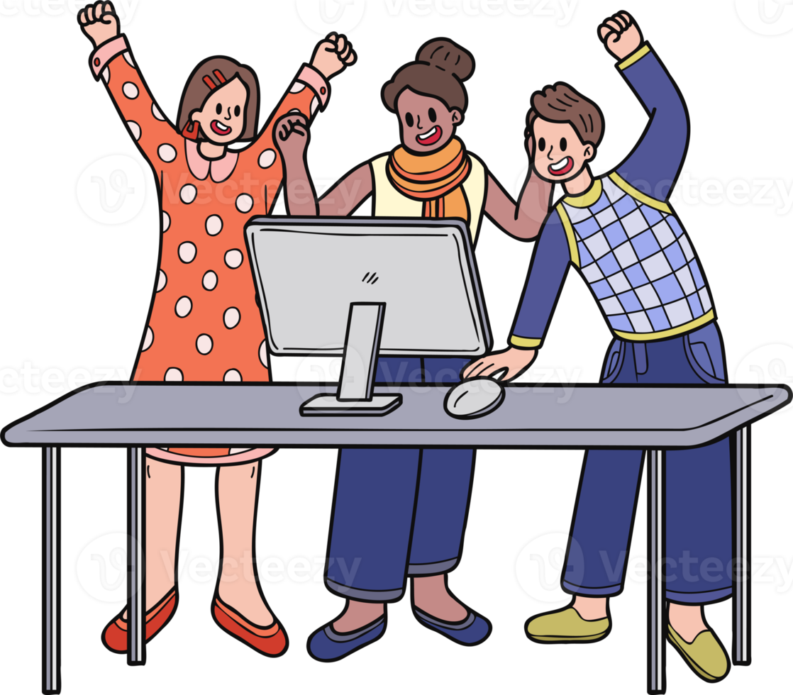 Team of business women rejoicing in success illustration in doodle style png