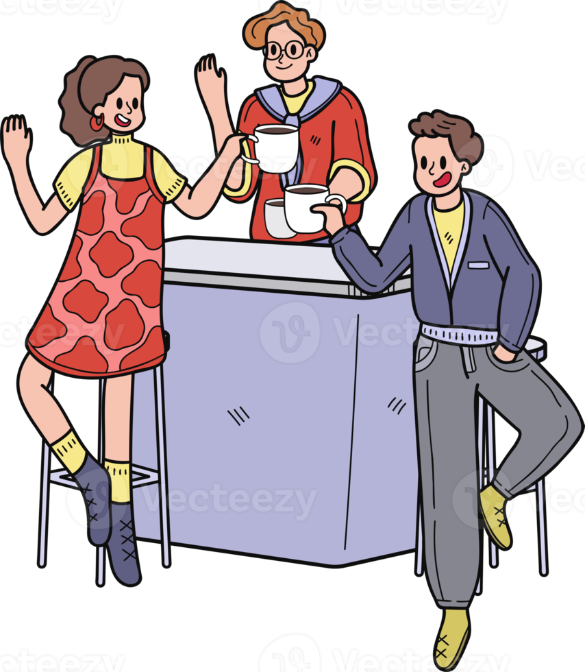 Business team relaxing at the coffee table illustration in doodle style png