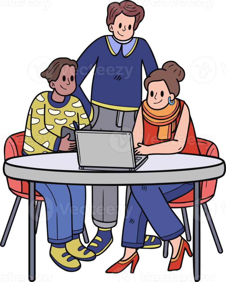 Business team consulting with laptop illustration in doodle style png