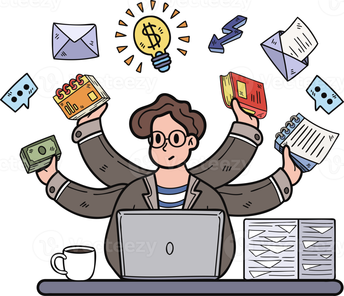 Businessman doing multitasking illustration in doodle style png