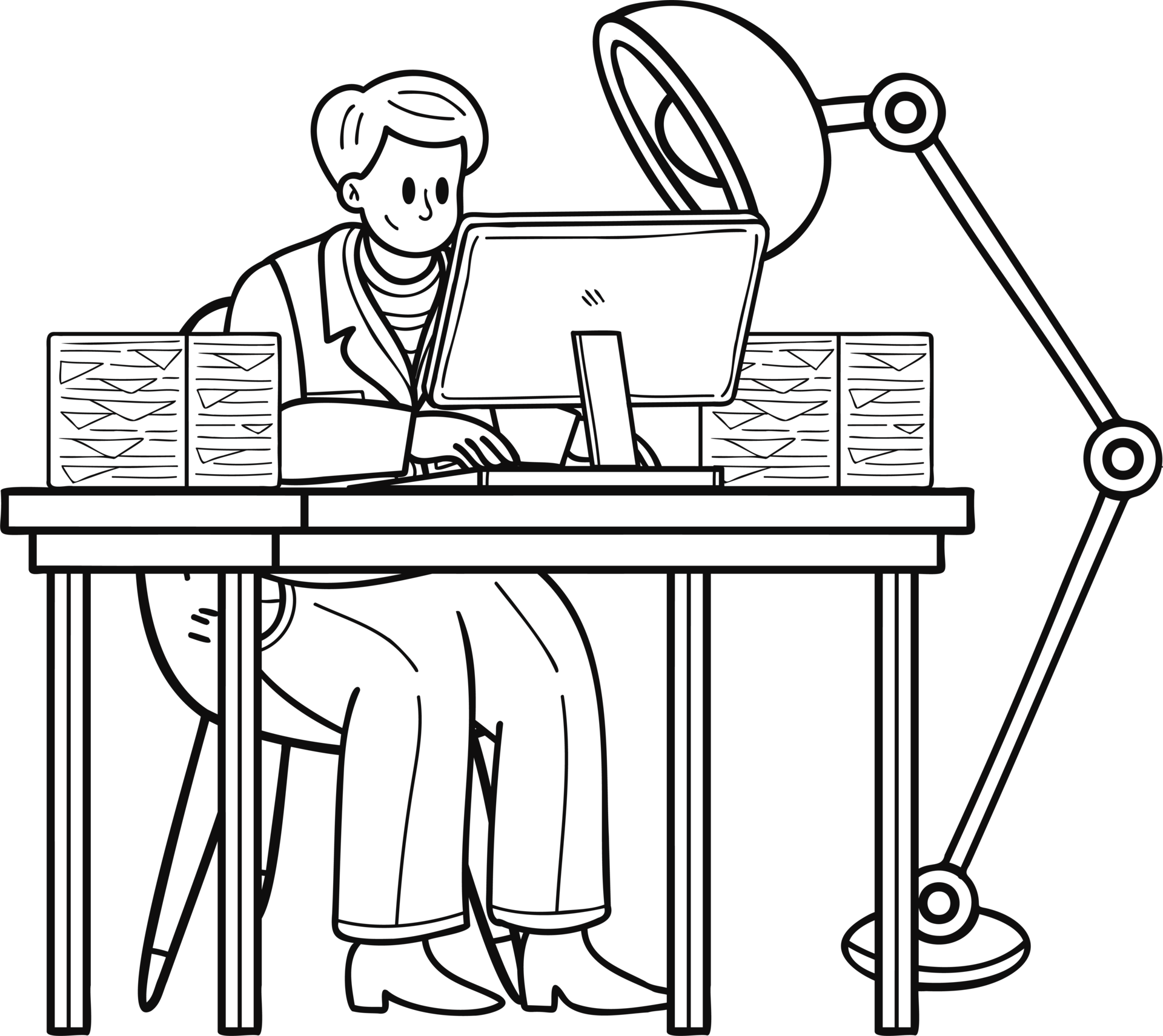 business man sitting and working at computer illustration in doodle