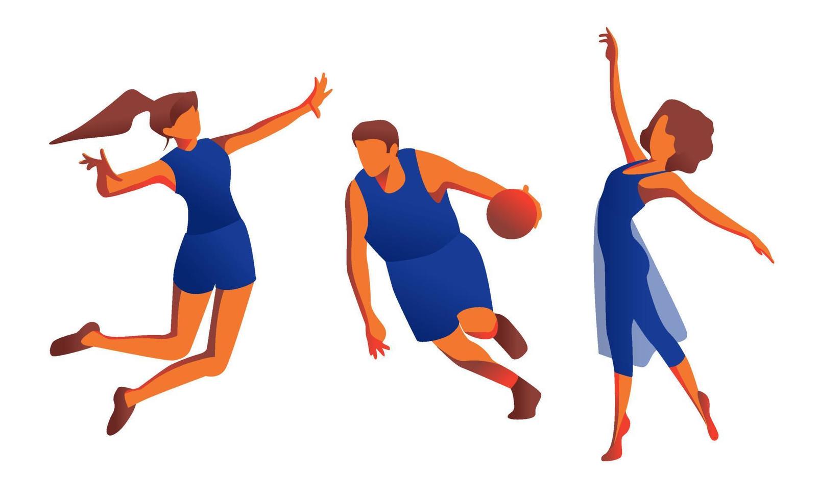 Athletes. Volleyball player in dynamic movement, a male basketball player with a ball, and a gymnast. Figures of athletes on a white background. vector