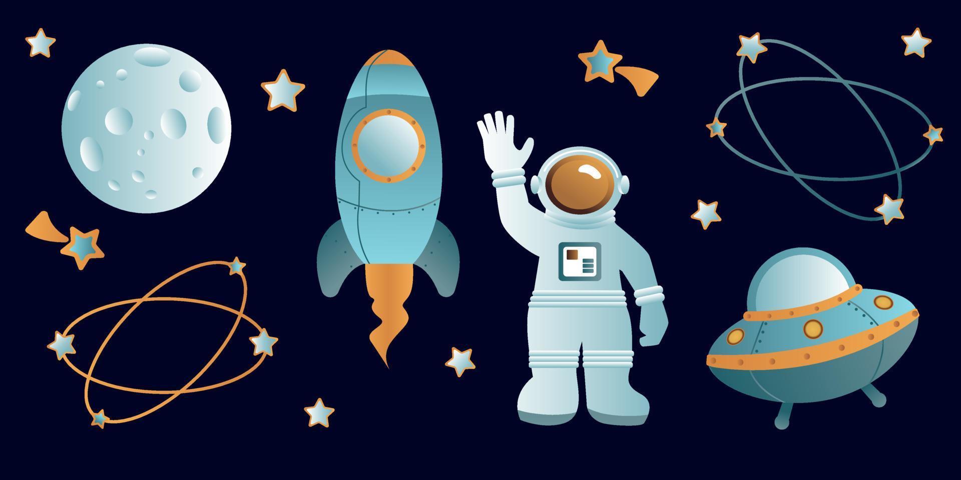 Space objects. Astronaut, rocket, planets, UFO, satellite, etc vector