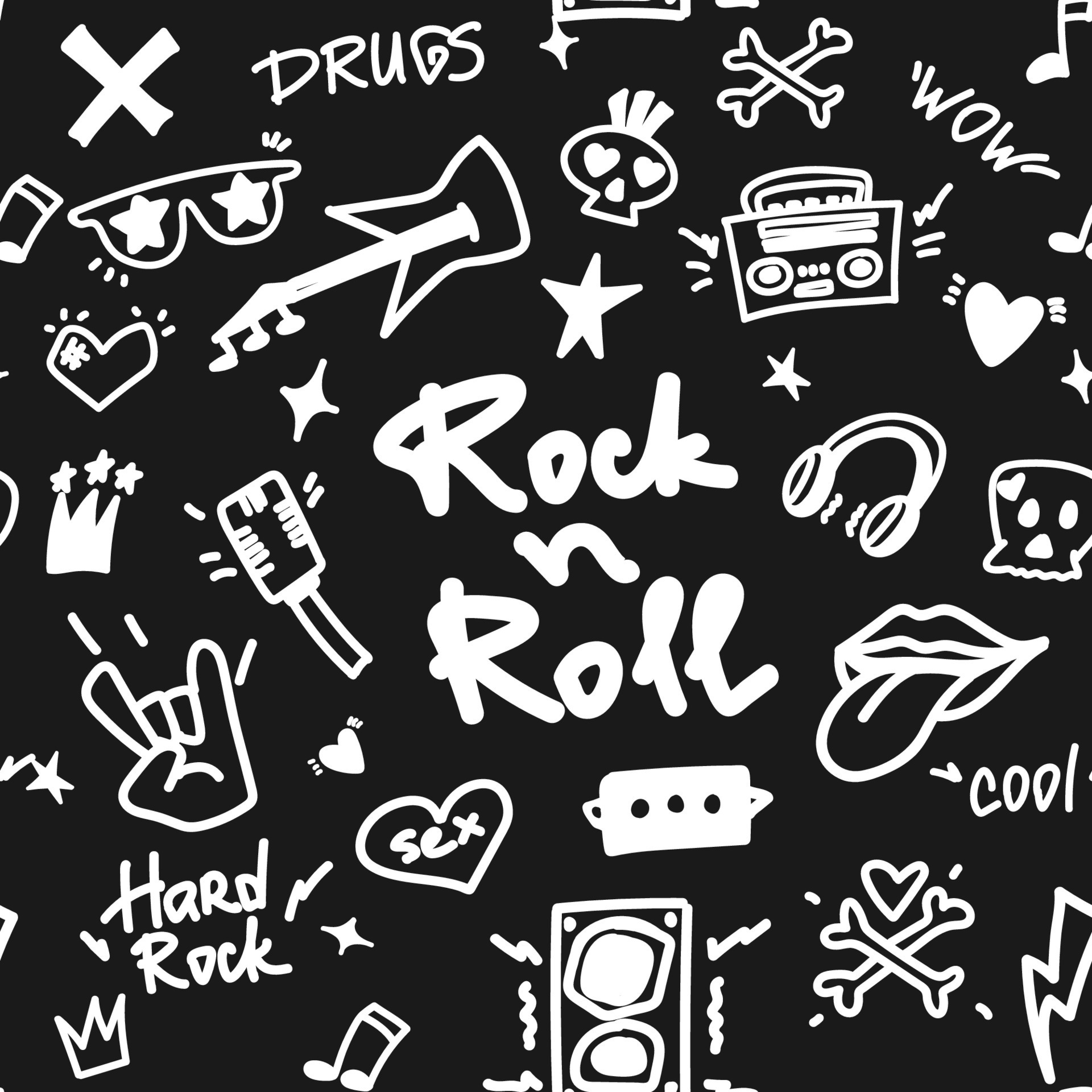 Rock n Roll seamless pattern. Blackwhite print for textiles