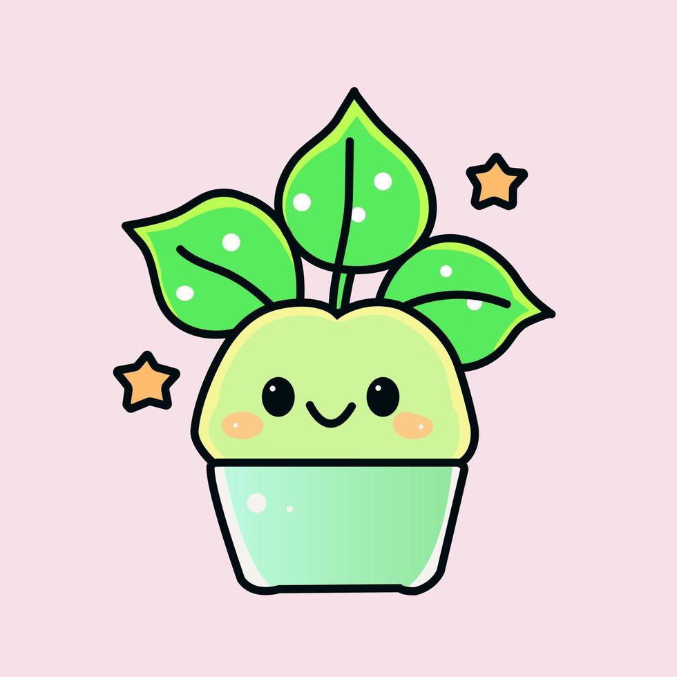 mano dibujado linda planta flor hoja maceta contento personaje kawaii dibujos animados dibujos icono logo pegatina ilustración mascota garabatear Arte vector