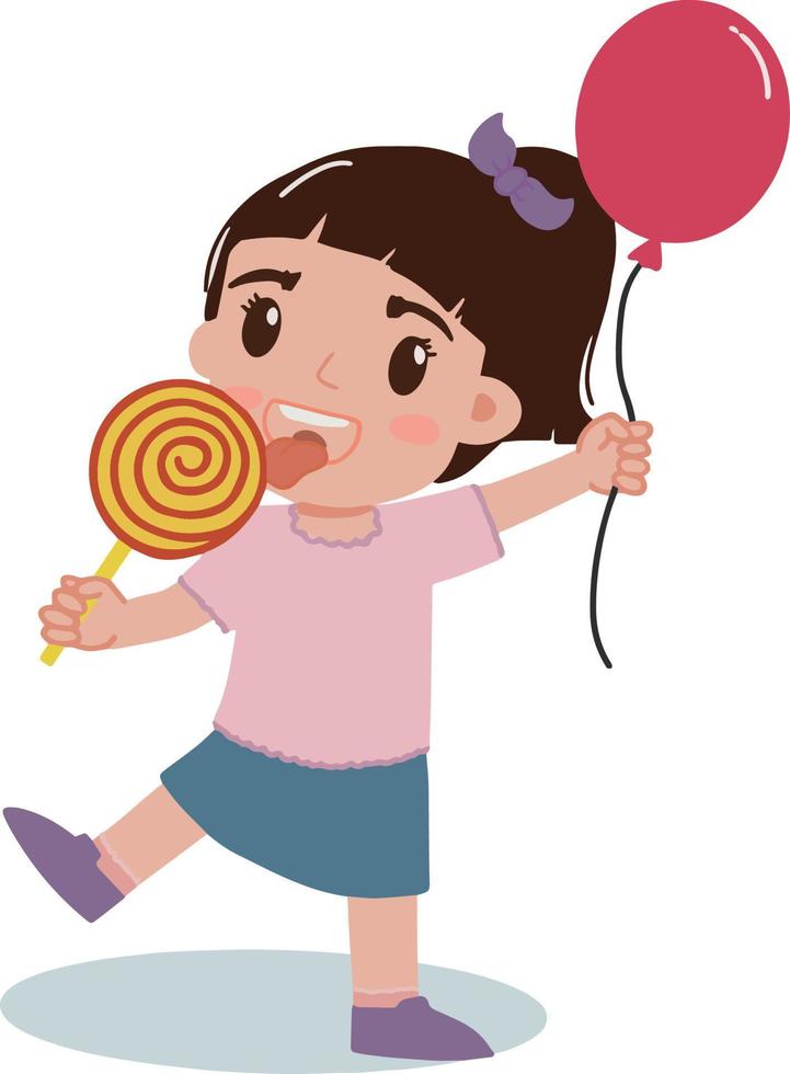 Cute and pretty little girl happy face holding baloon and eating healthy food licking candy lollipop illustration vector