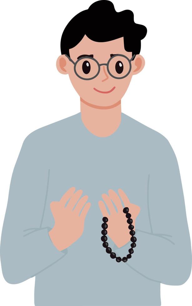 Handsome boy man hand drawn praying hands holding tasbih prayer beads chaplet with smile face welcome ramadan illustration vector